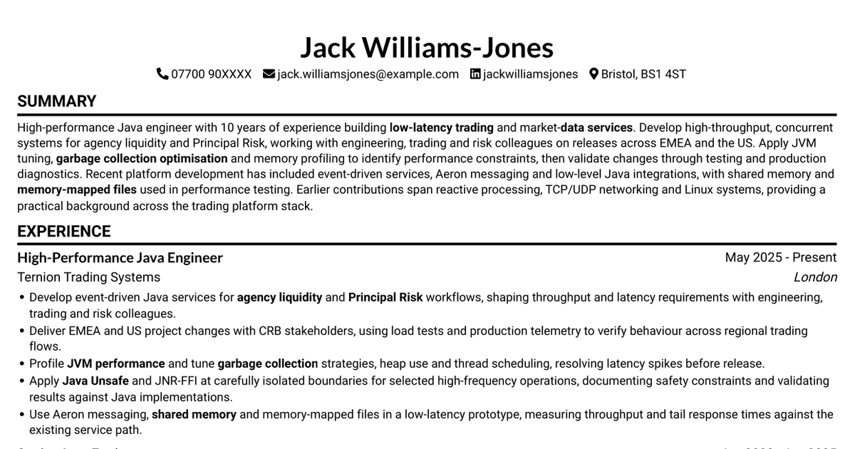 Software Engineer - High-Performance Java / Low Latency CV