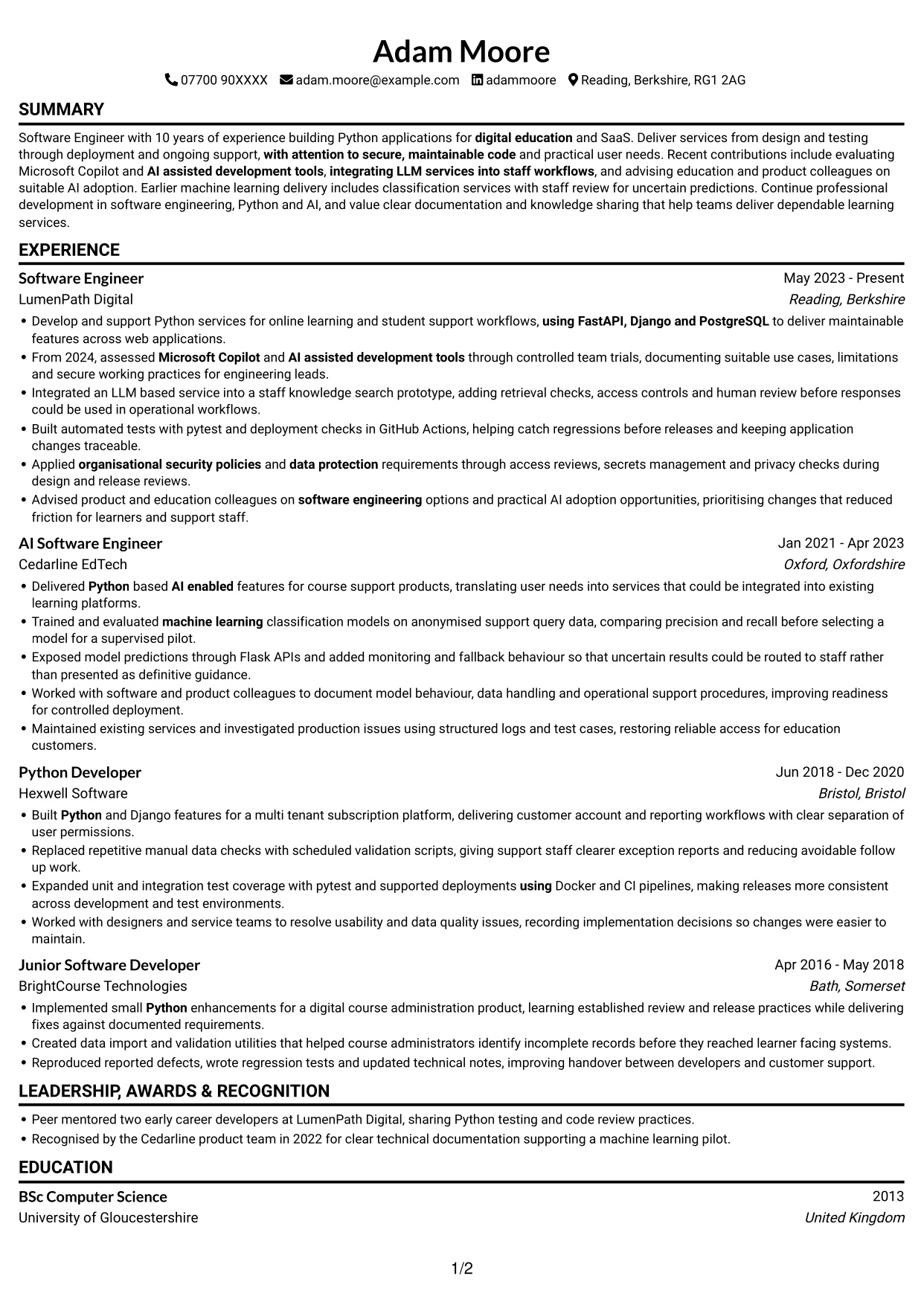 CV example — page 1