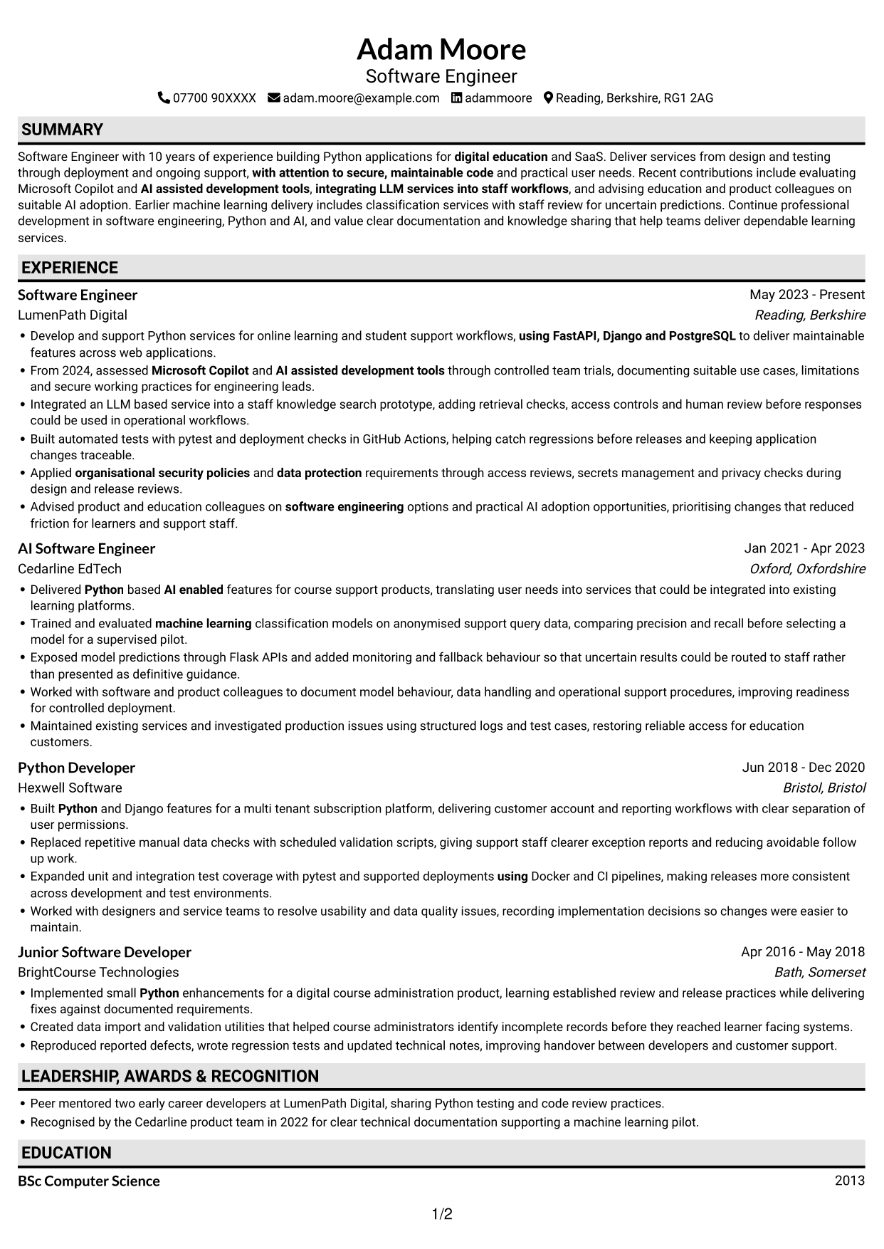 CV example — page 1