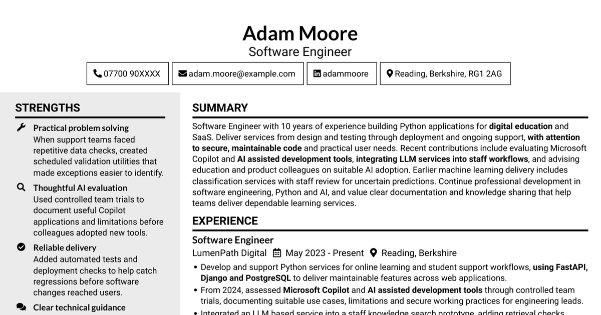 7 Software Engineer - Python and AI Solutions CV Templates with Example