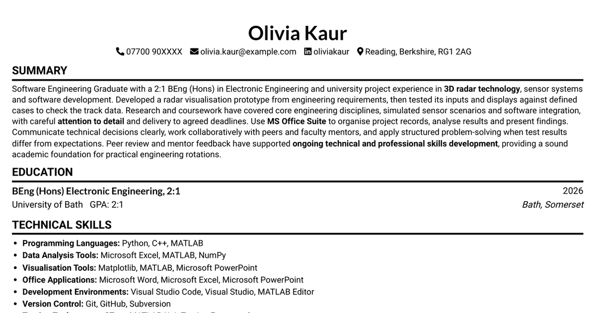Software Engineering Graduate - 3D Radar Systems CV