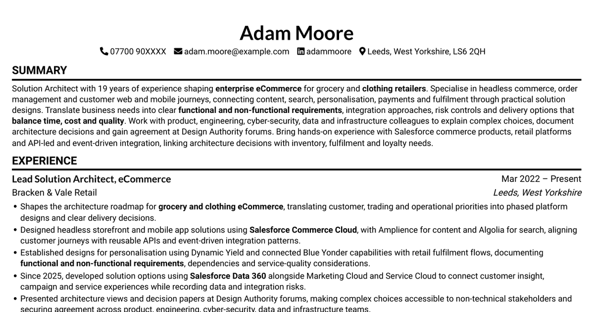 7 Solution Architect - eCommerce CV Templates with Example