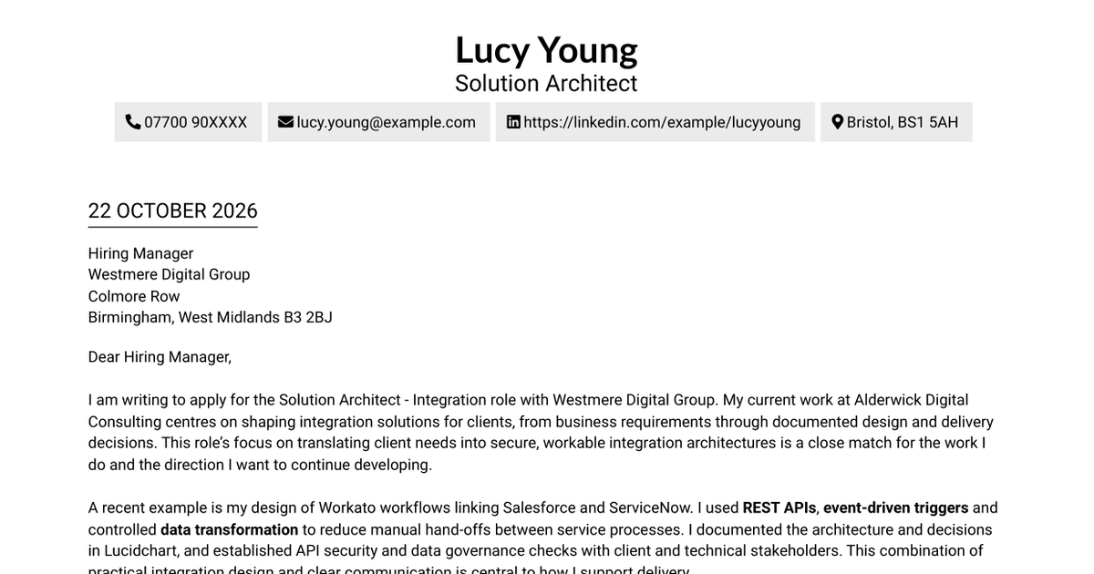 7 Solution Architect - Integration Cover Letter Templates with Example