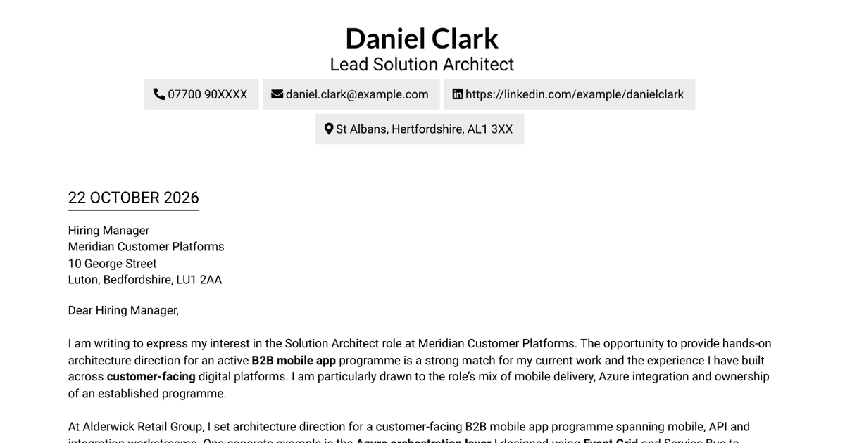 7 Solution Architect - Mobile App, Azure, IAM, Transformation Cover Letter Templates with Example