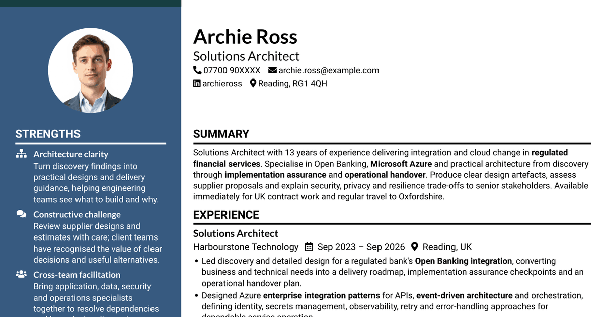 7 Solutions Architect - Open Banking Integration CV Templates with Example