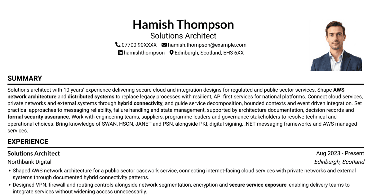 7 Solutions Architect - Software and Networks CV Templates with Example