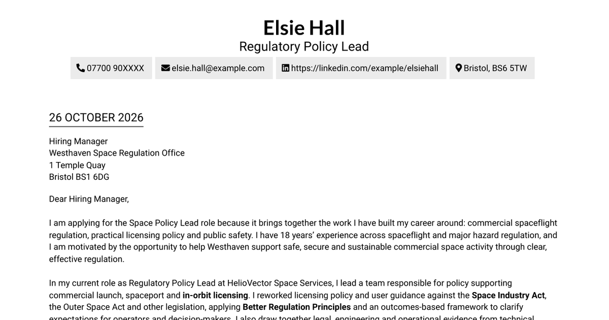 7 Space Policy Lead - Spaceflight Regulation Cover Letter Templates with Example