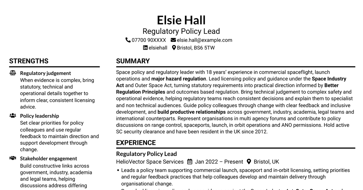 7 Space Policy Lead - Spaceflight Regulation CV Templates with Example