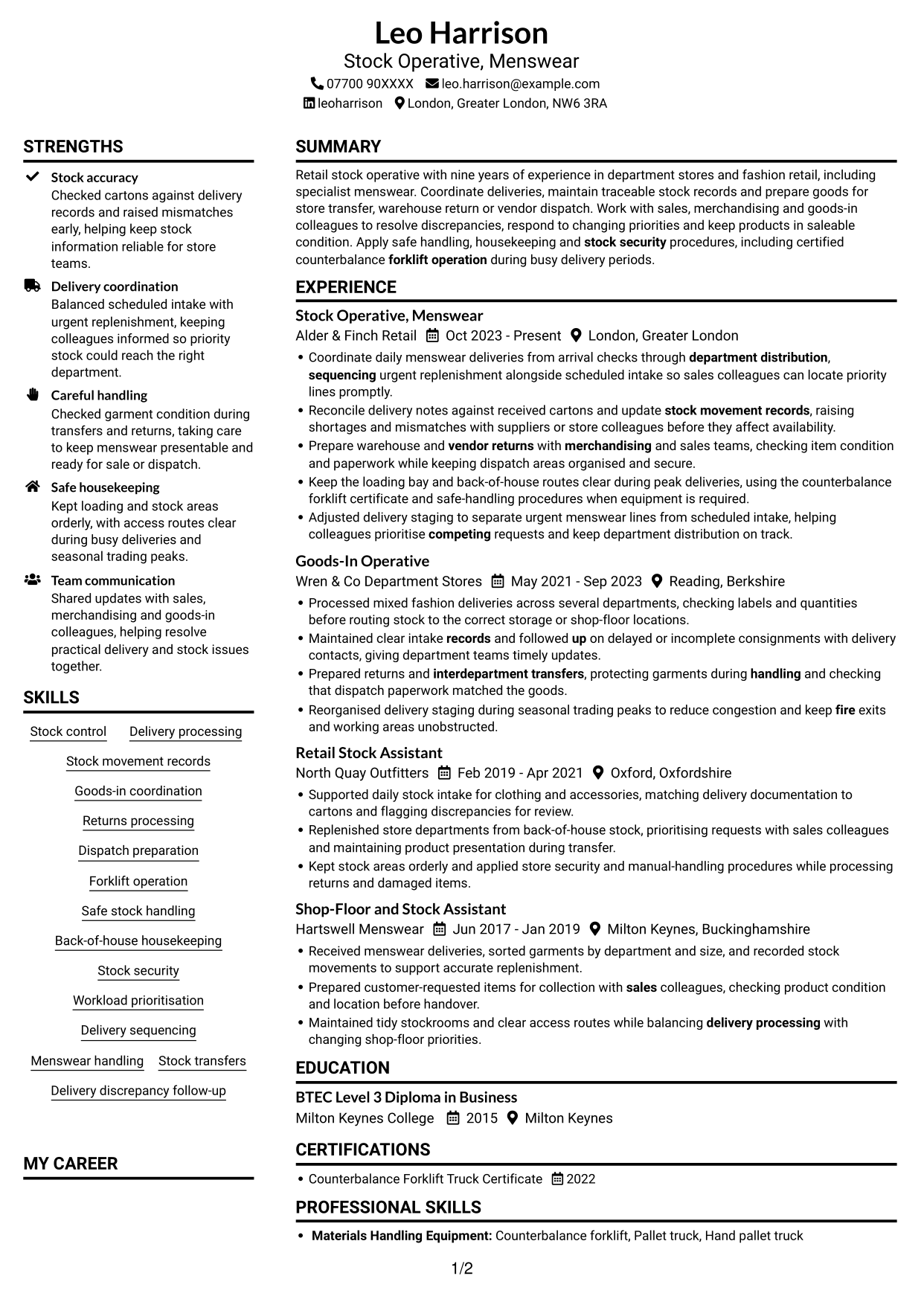 CV example — page 1