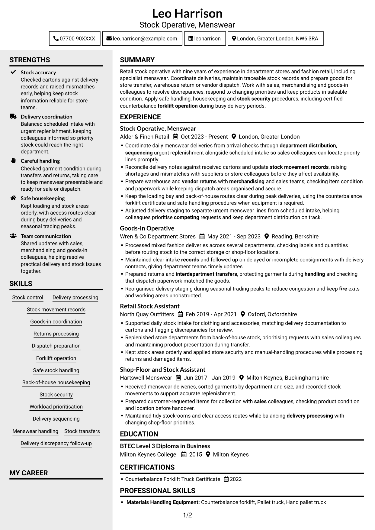 CV example — page 1