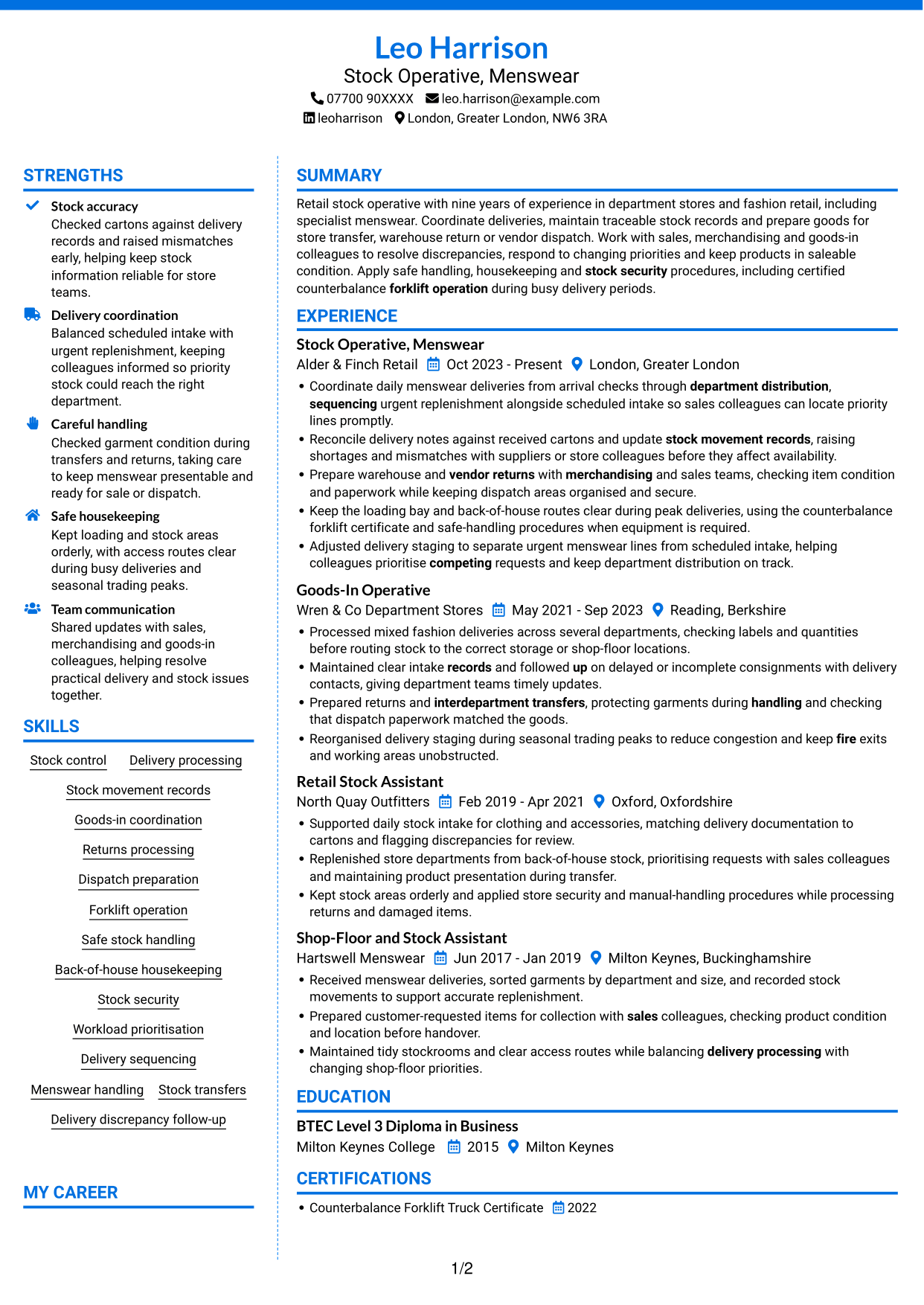 CV example — page 1