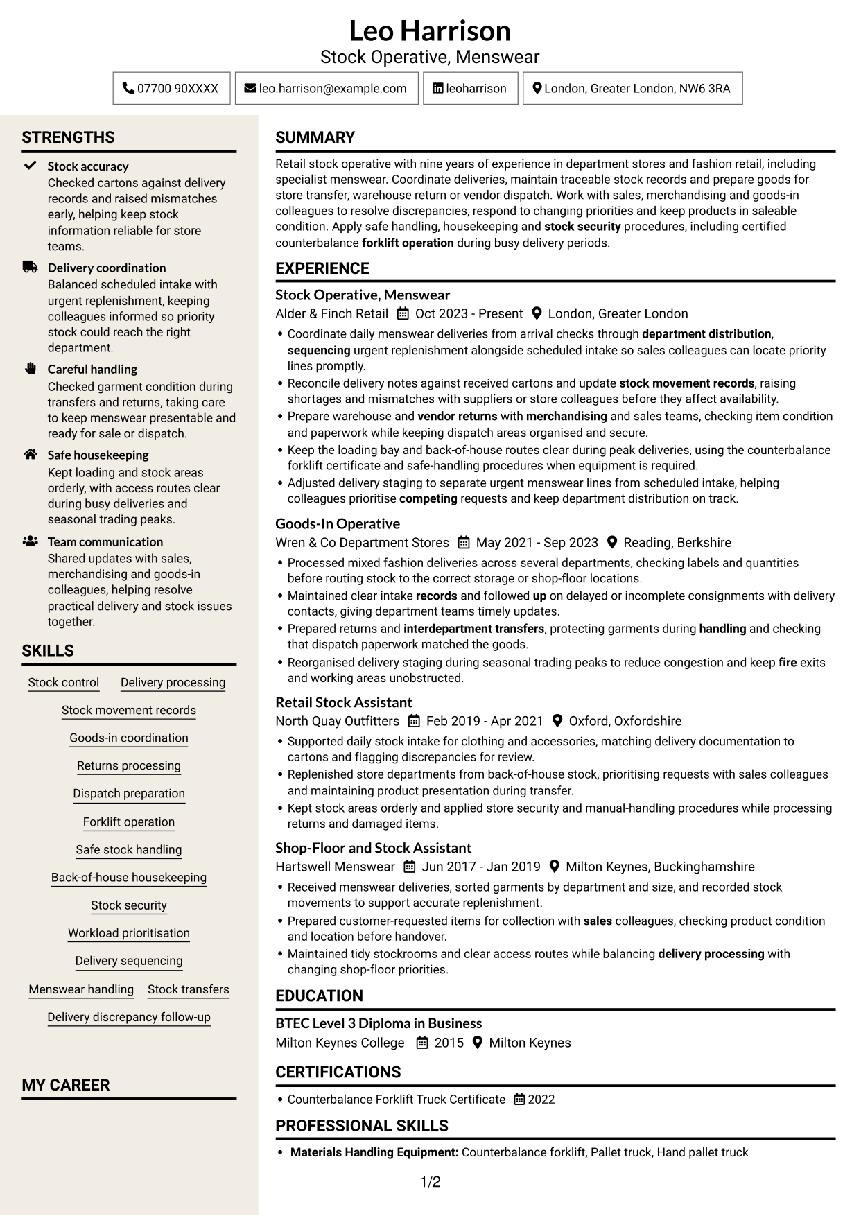 CV example — page 1