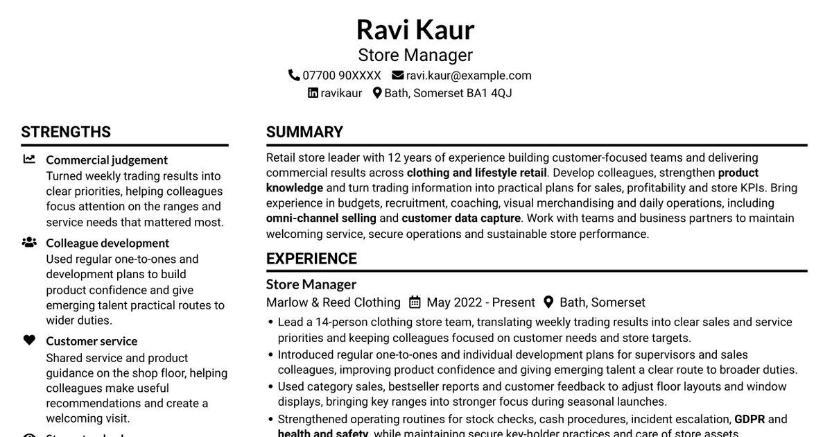 7 Store Manager - Retail Sales and Store Operations CV Templates with Example