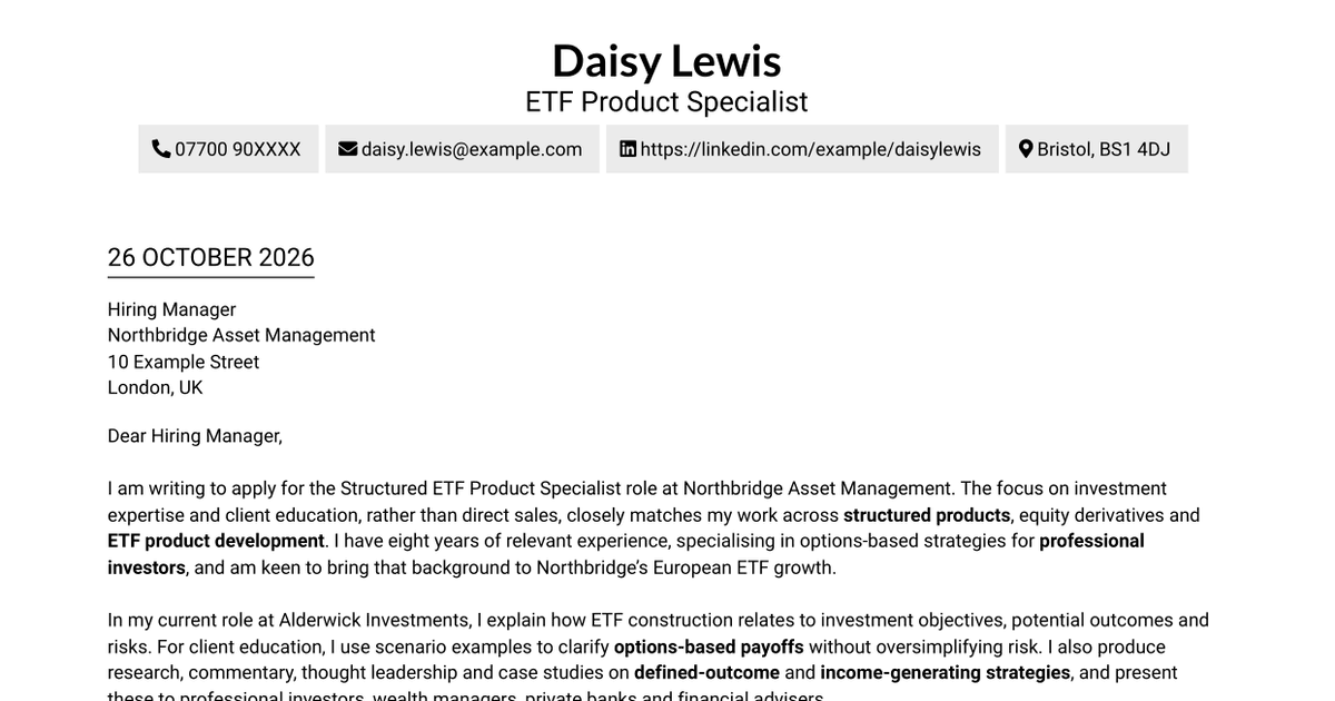 Structured ETF Product Specialist Cover Letter