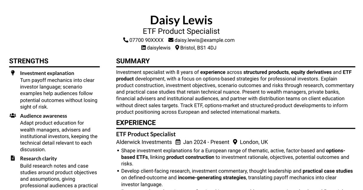 Structured ETF Product Specialist CV