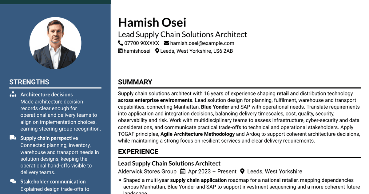 7 Supply Solutions Architect - Supply Chain CV Templates with Example