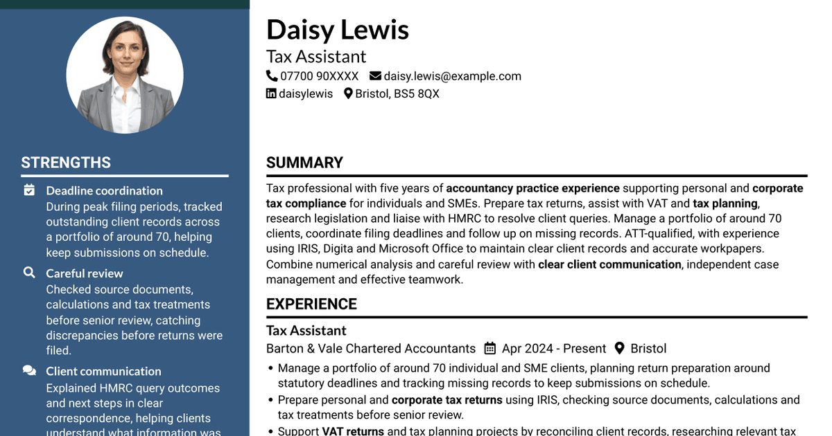 7 Tax Assistant - Personal and Corporate Tax CV Templates with Example