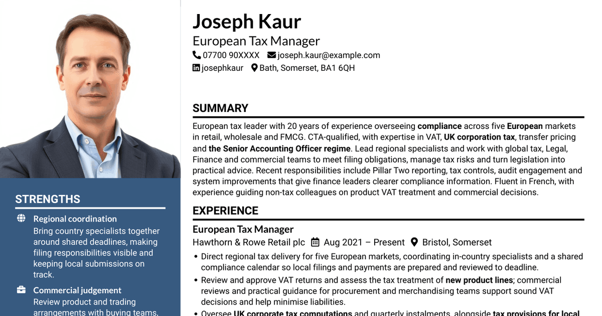 7 Tax Manager - European Markets CV Templates with Example