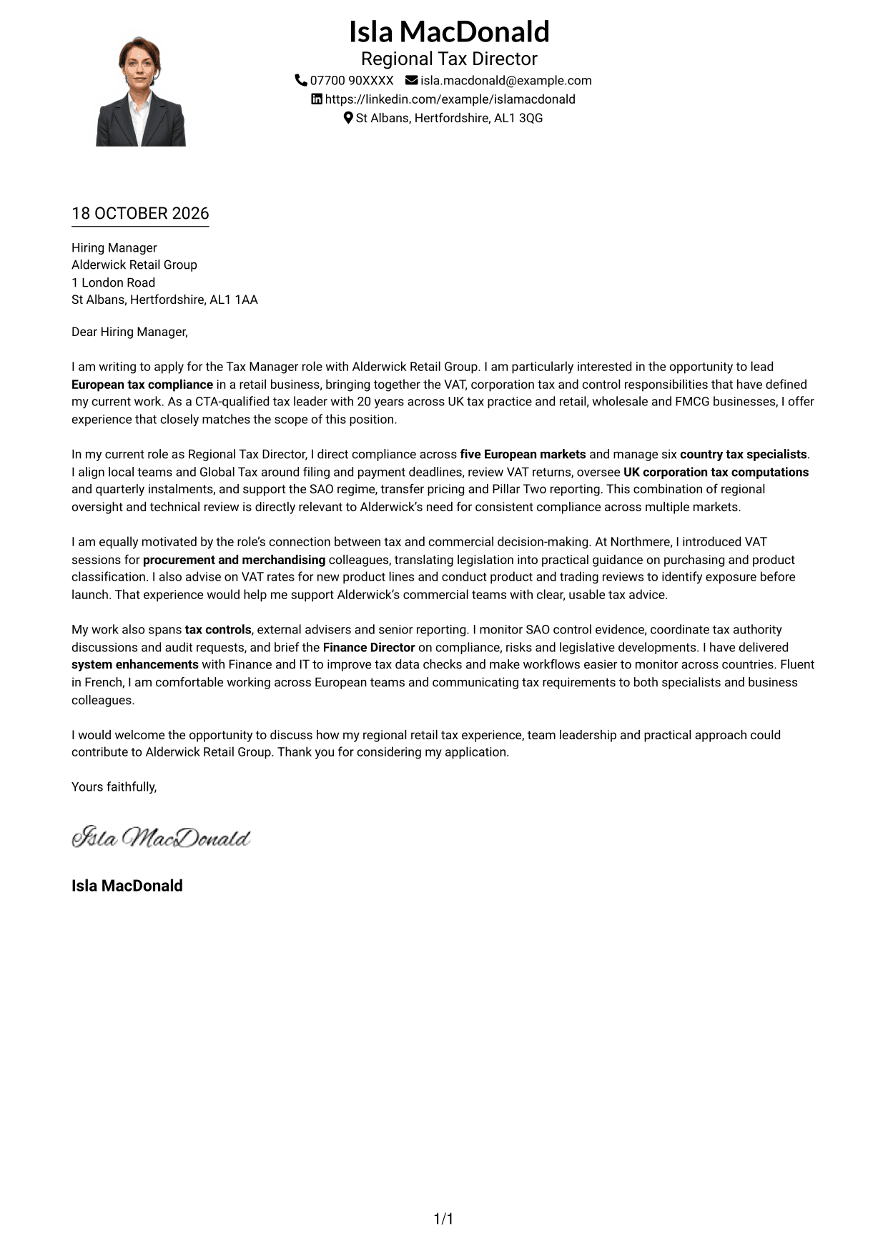 Cover letter example — page 1
