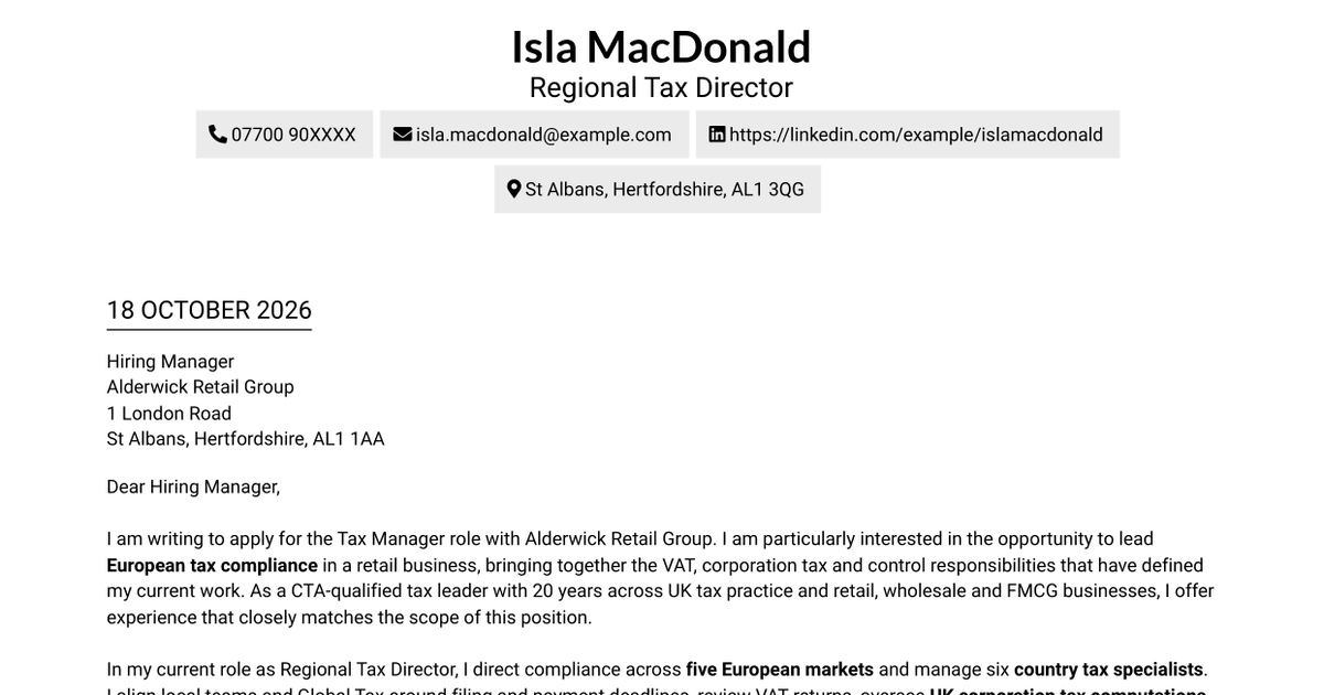 7 Tax Manager - European Tax Compliance Cover Letter Templates with Example