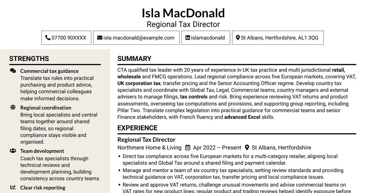 7 Tax Manager - European Tax Compliance CV Templates with Example