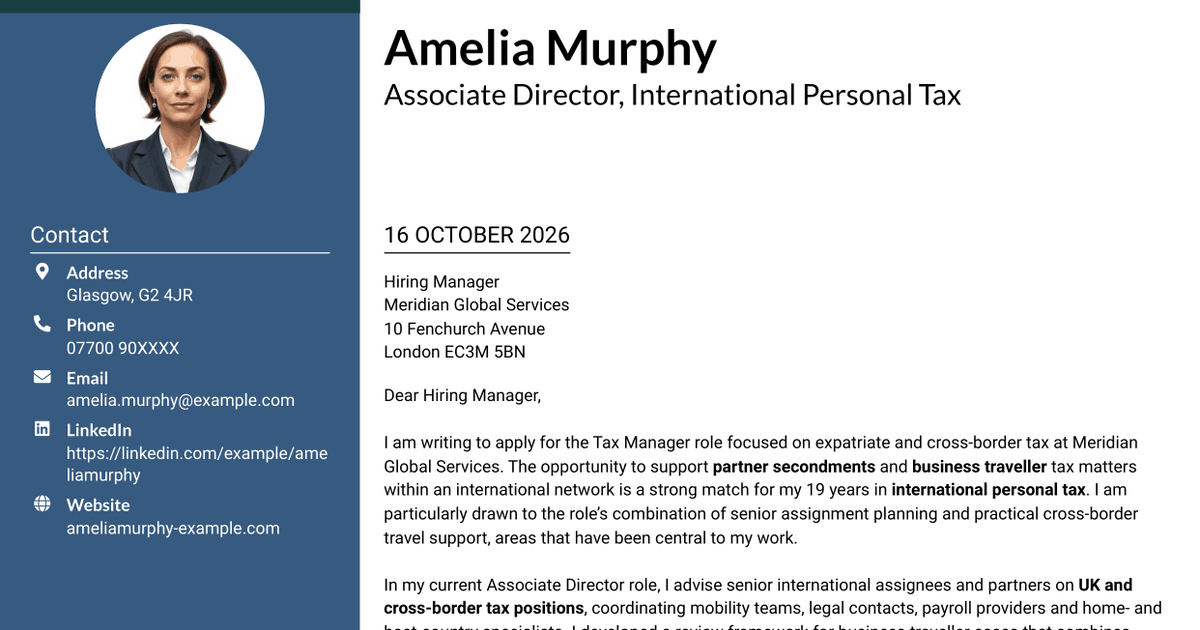 7 Tax Manager - Expatriate and Cross-Border Tax Cover Letter Templates with Example