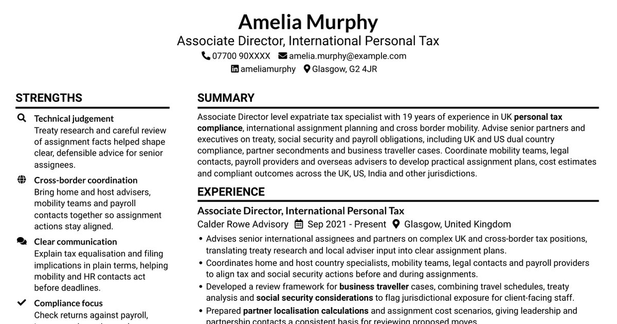 7 Tax Manager - Expatriate and Cross-Border Tax CV Templates with Example