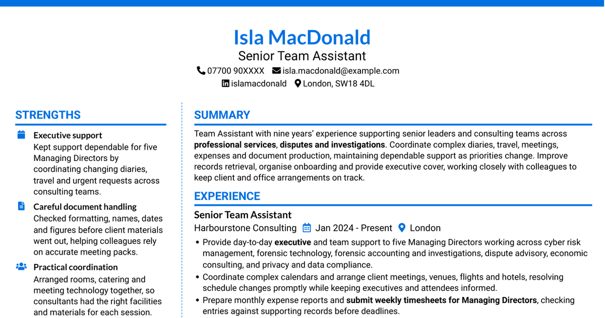 7 Team Assistant - Executive and Office Support CV Templates with Example