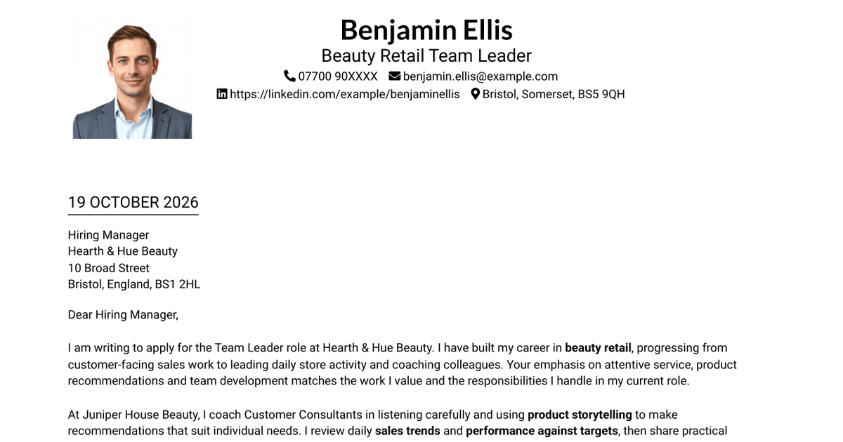 7 Team Leader - Beauty Retail Cover Letter Templates with Example