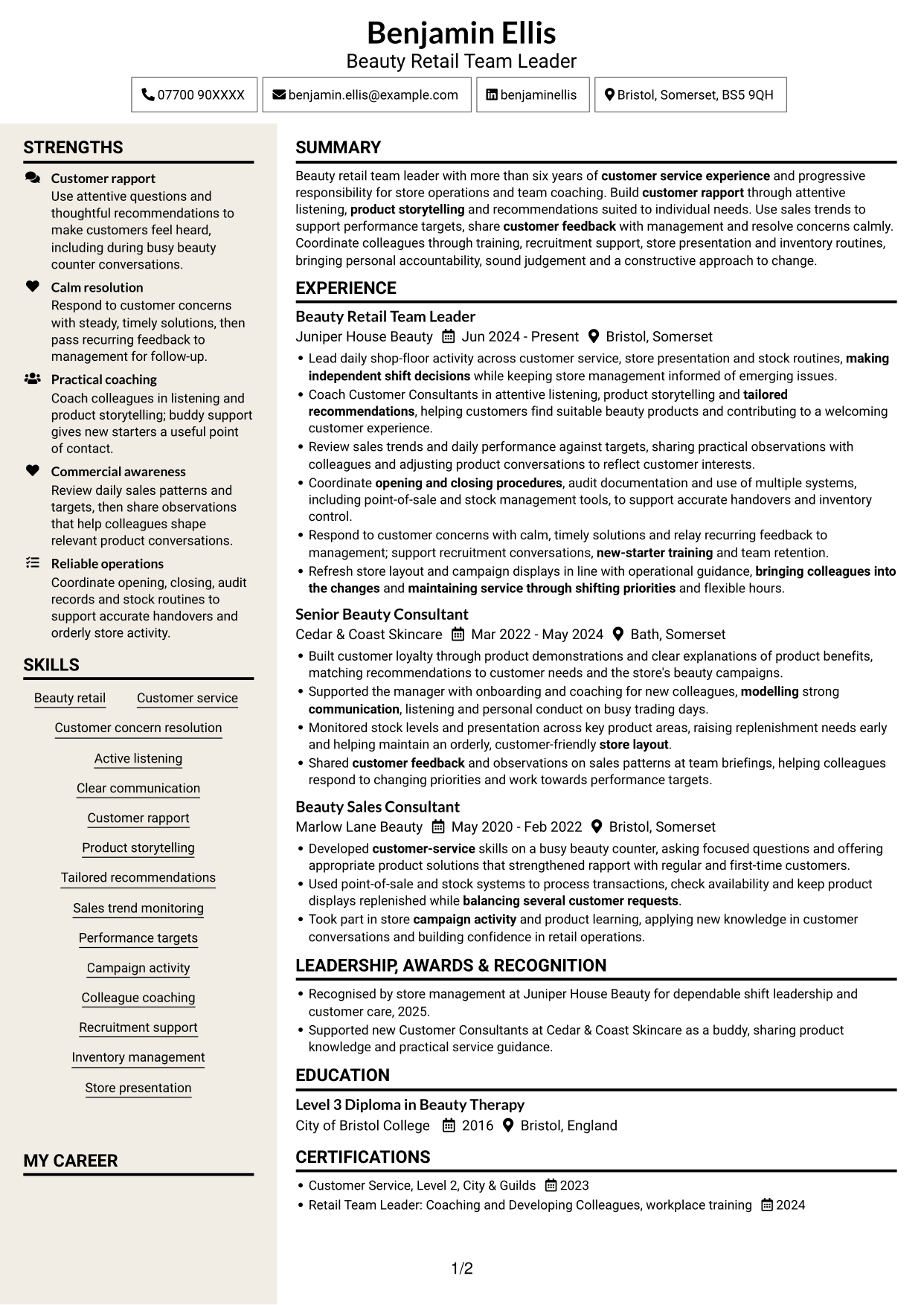 CV example — page 1