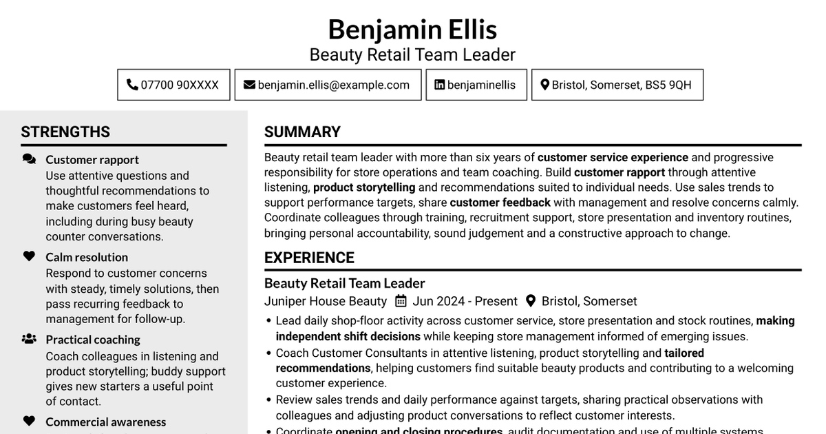 7 Team Leader - Beauty Retail CV Templates with Example