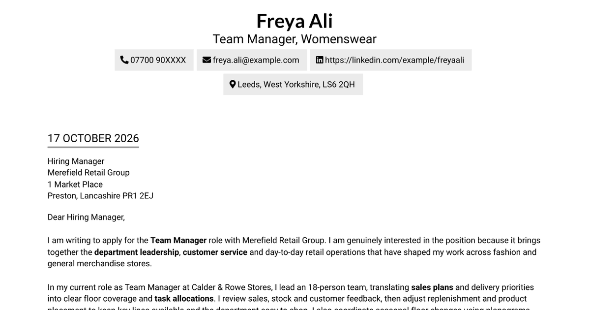 7 Team Manager - Retail Sales and Store Operations Cover Letter Templates with Example
