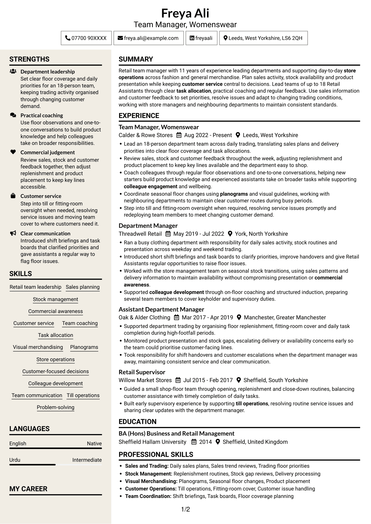 CV example — page 1