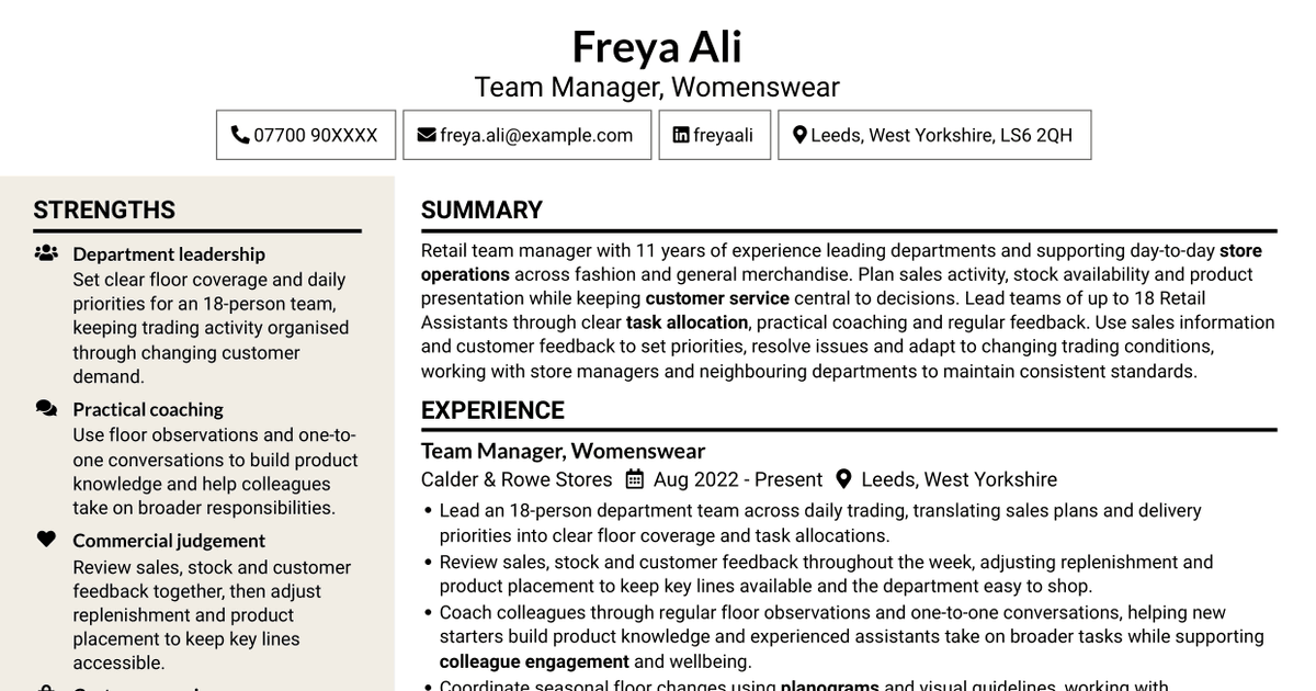 7 Team Manager - Retail Sales and Store Operations CV Templates with Example