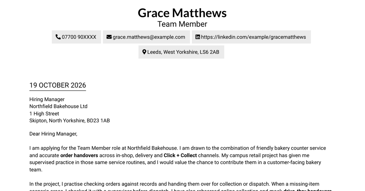 7 Team Member - Bakery Retail Cover Letter Templates with Example
