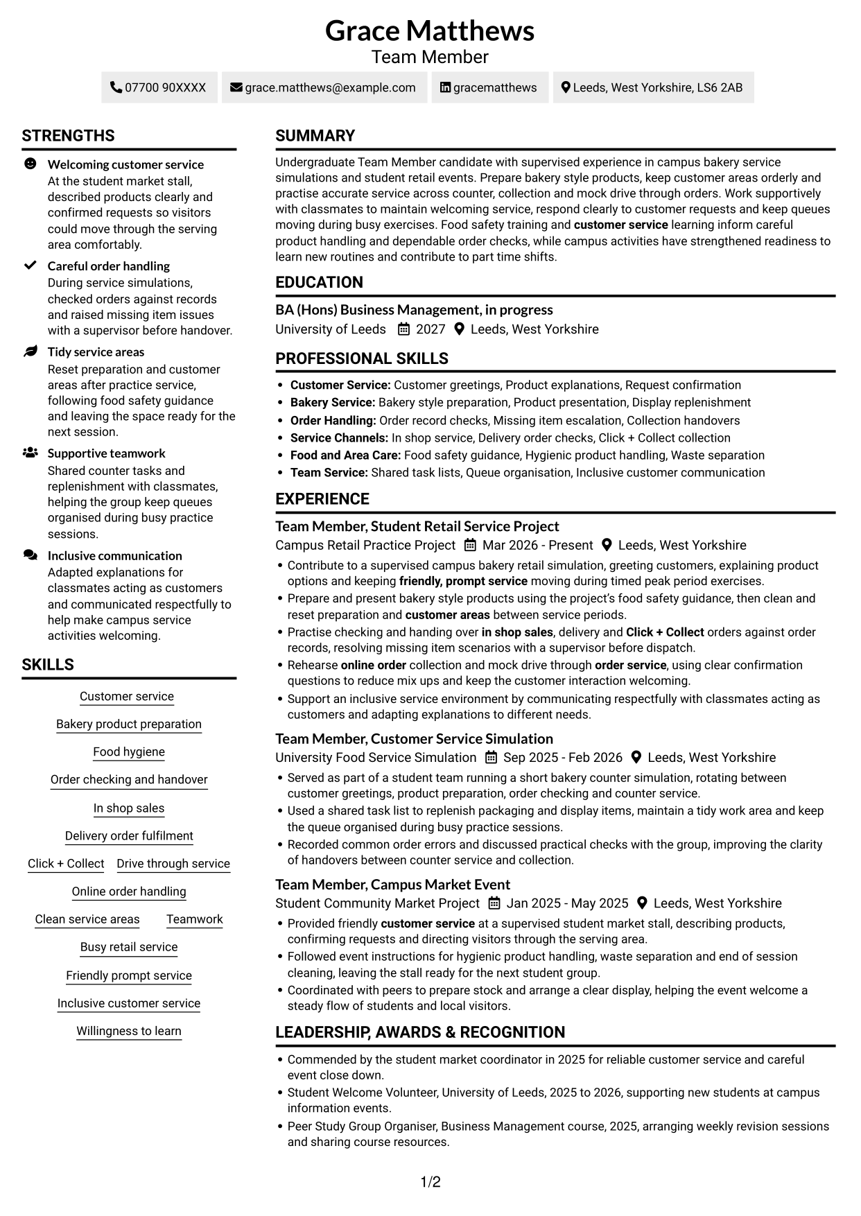 CV example — page 1