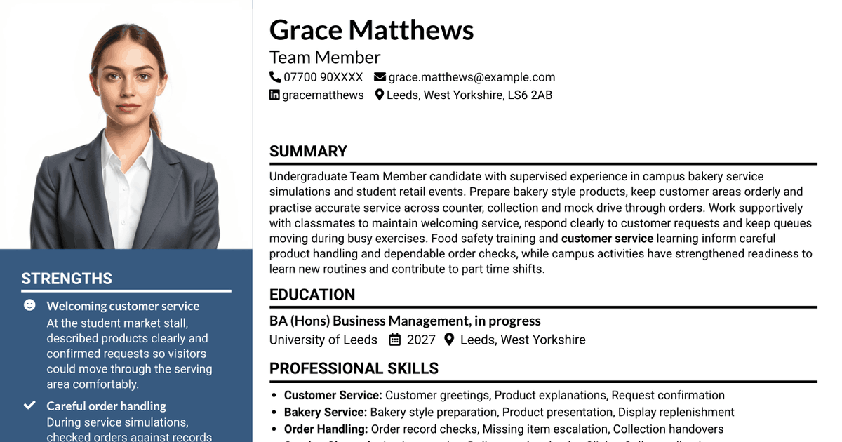 7 Team Member - Bakery Retail CV Templates with Example