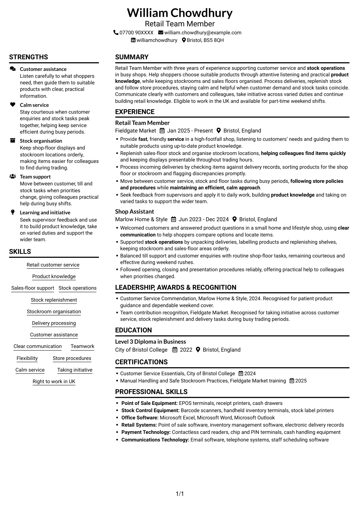 CV example — page 1