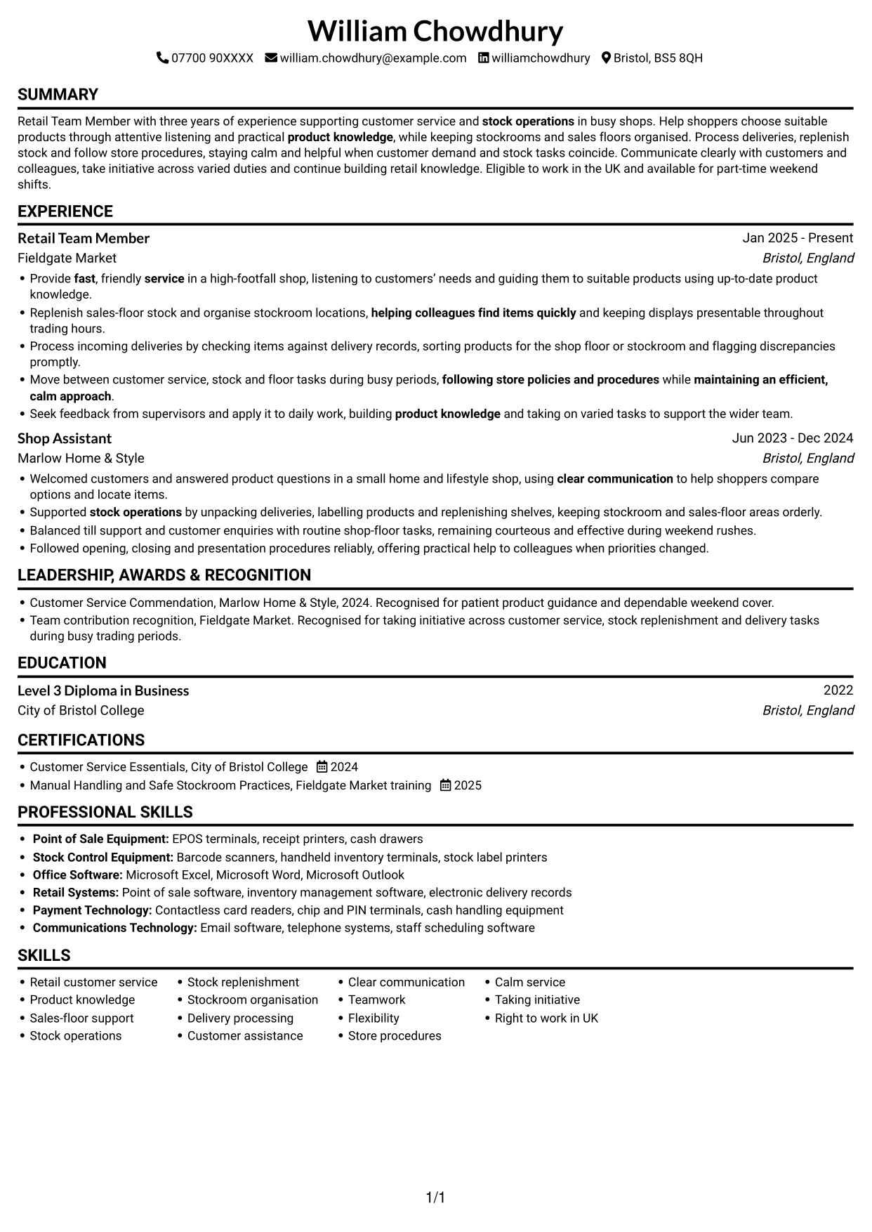 CV example — page 1