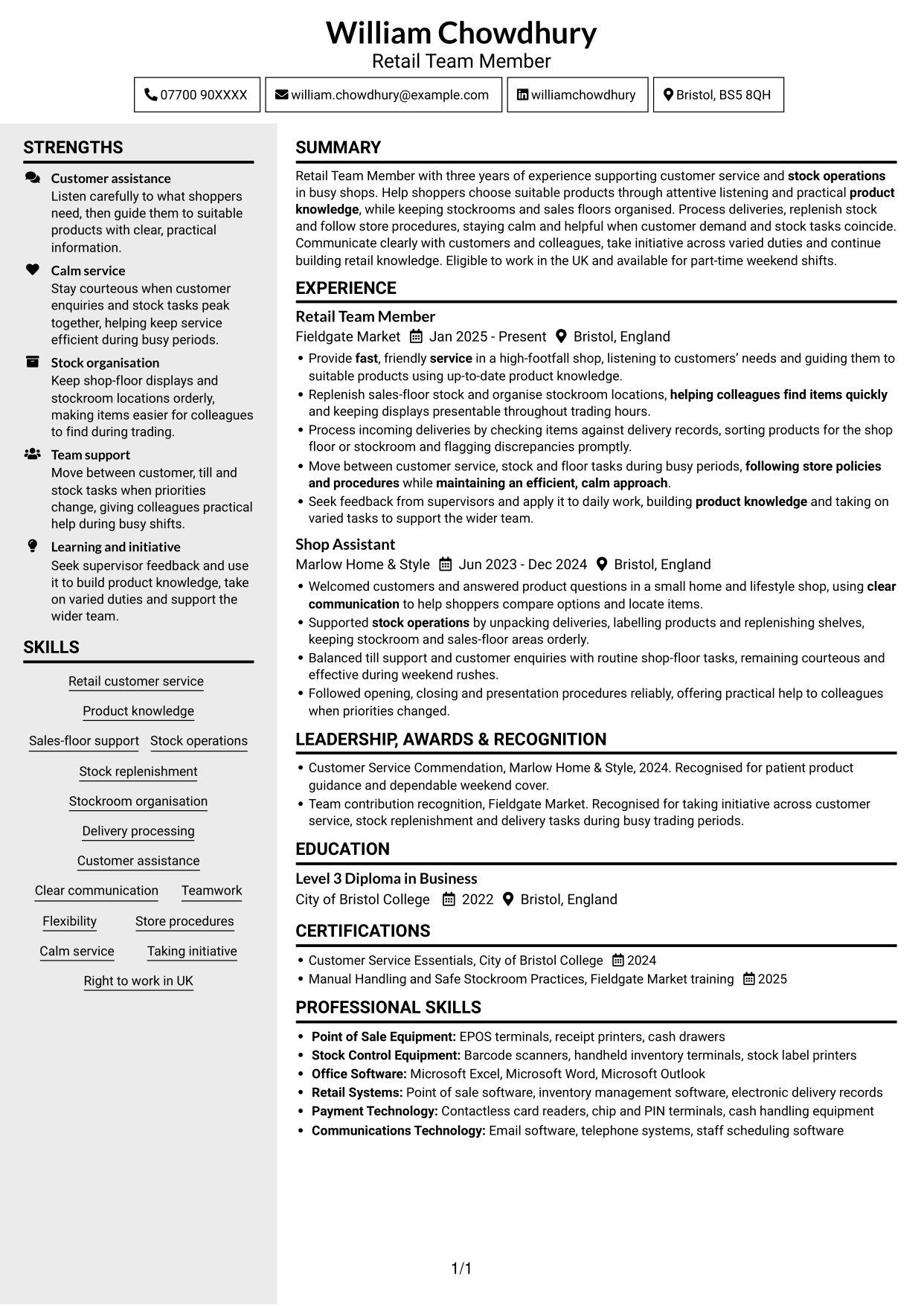 CV example — page 1