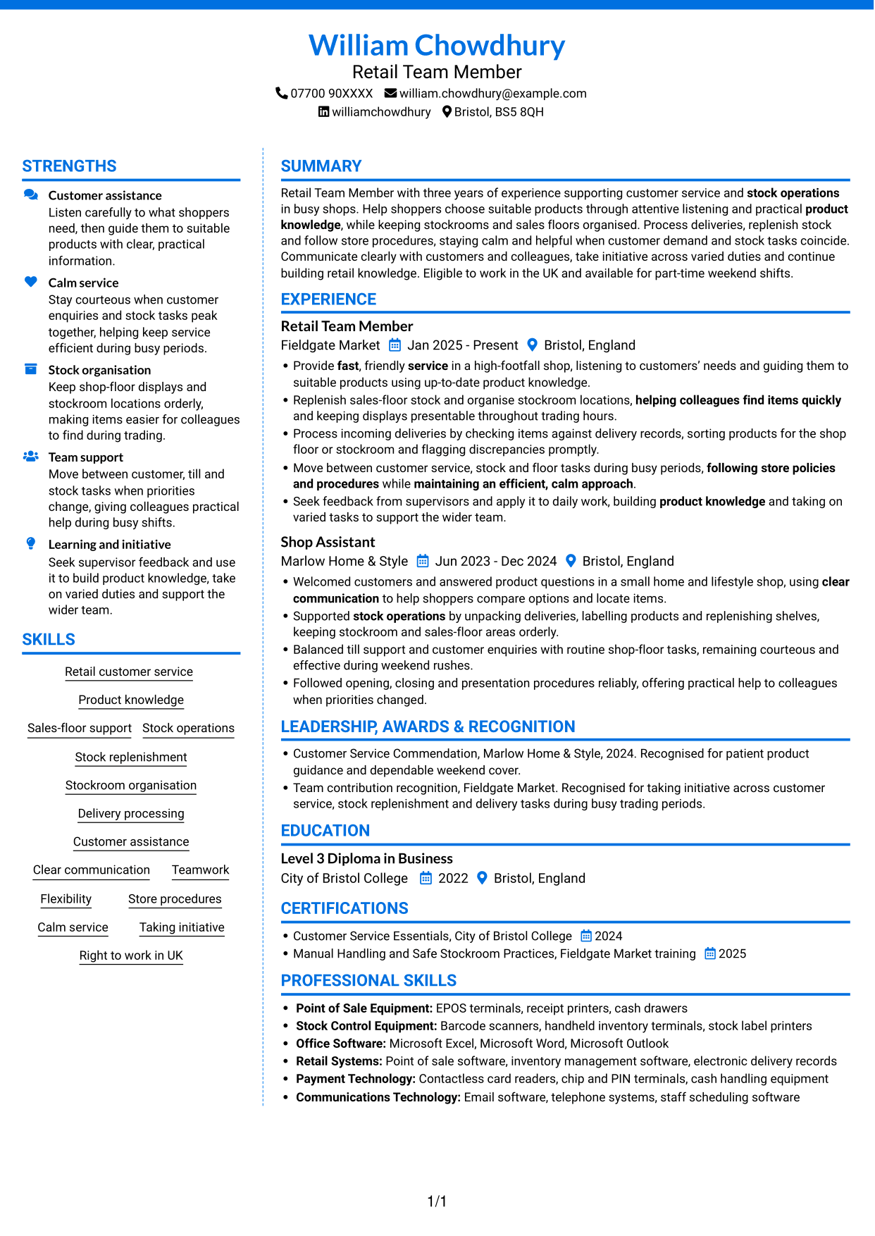 CV example — page 1