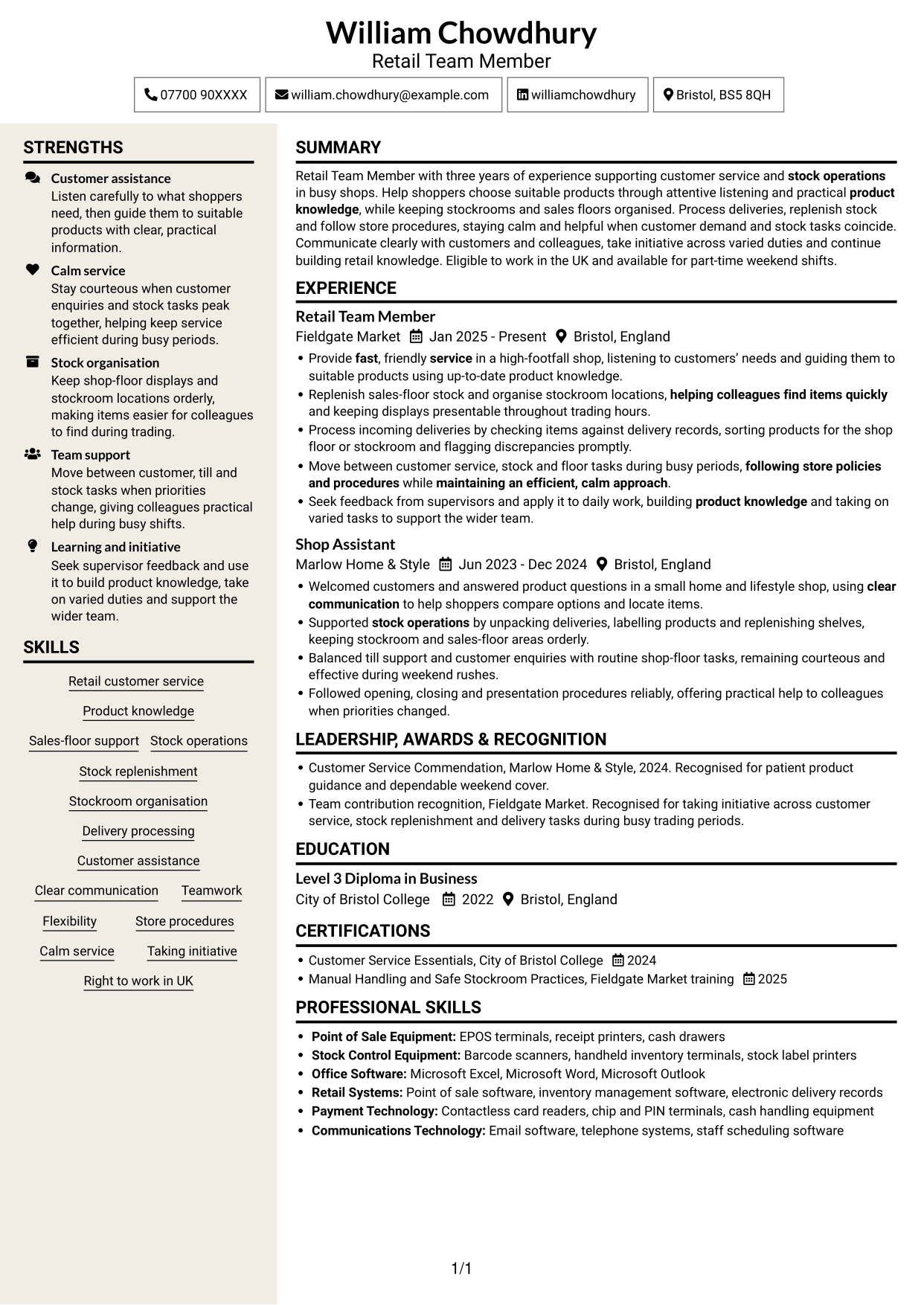 CV example — page 1