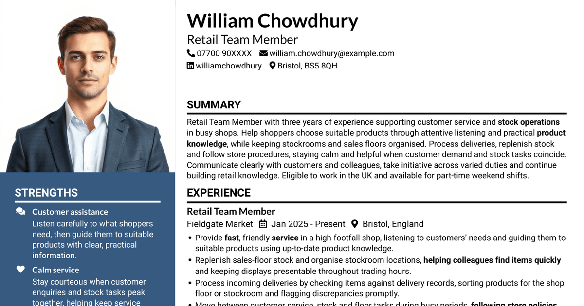 7 Team Member - Retail Sales and Stock Operations CV Templates with Example