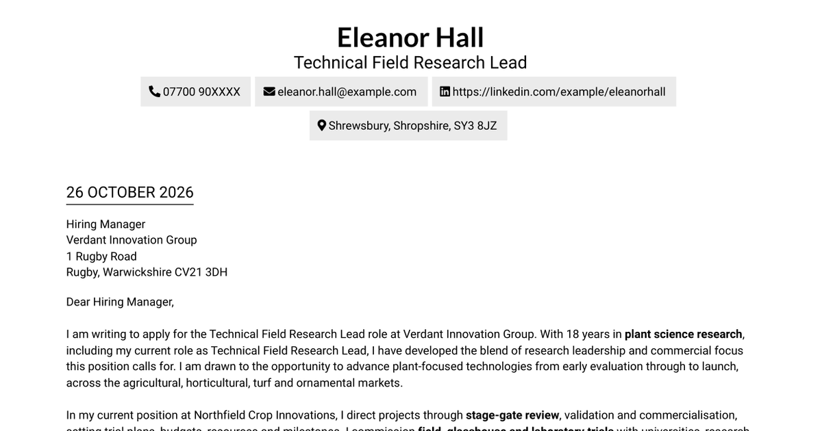Technical Field Research Lead - Plant Science Cover Letter