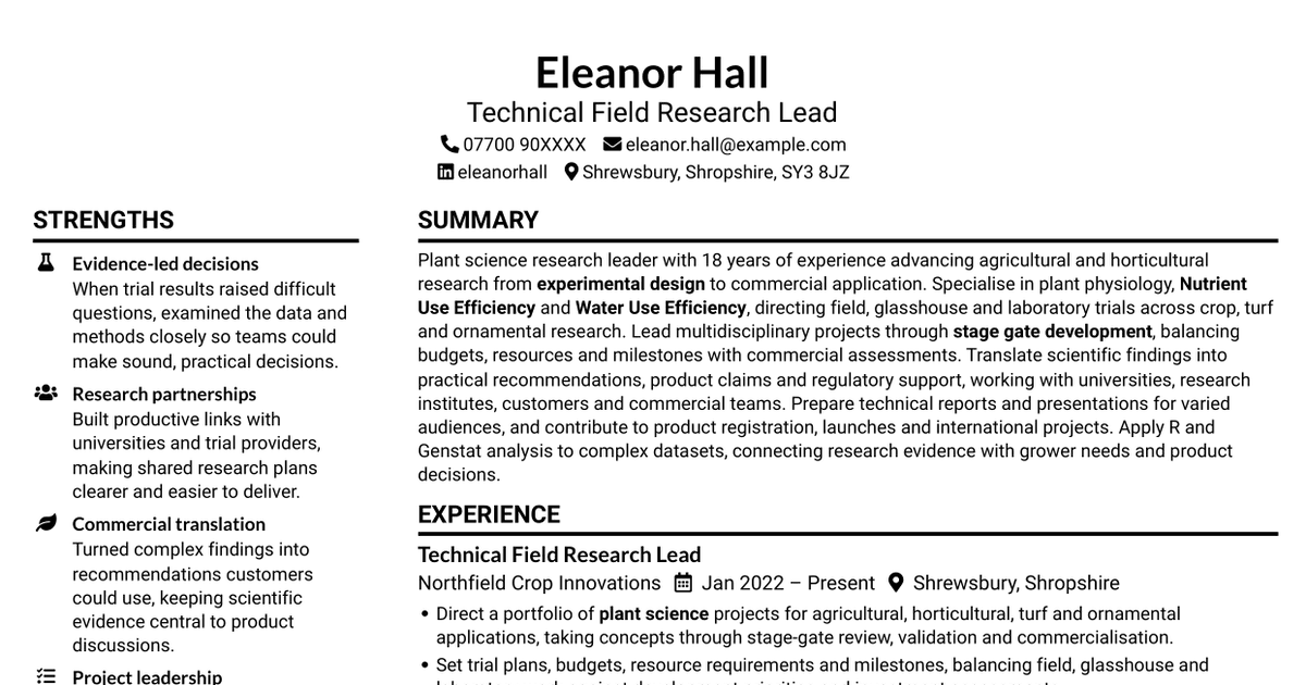 Technical Field Research Lead - Plant Science CV