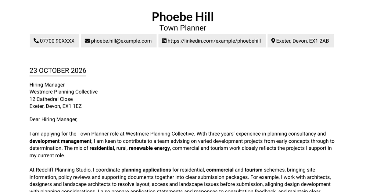 7 Town Planner - Development Planning Cover Letter Templates with Example