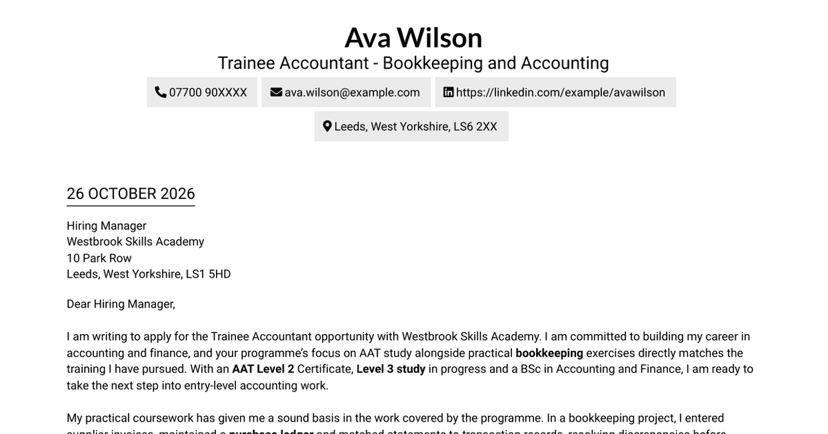 Trainee Accountant - Bookkeeping and Accounting Cover Letter