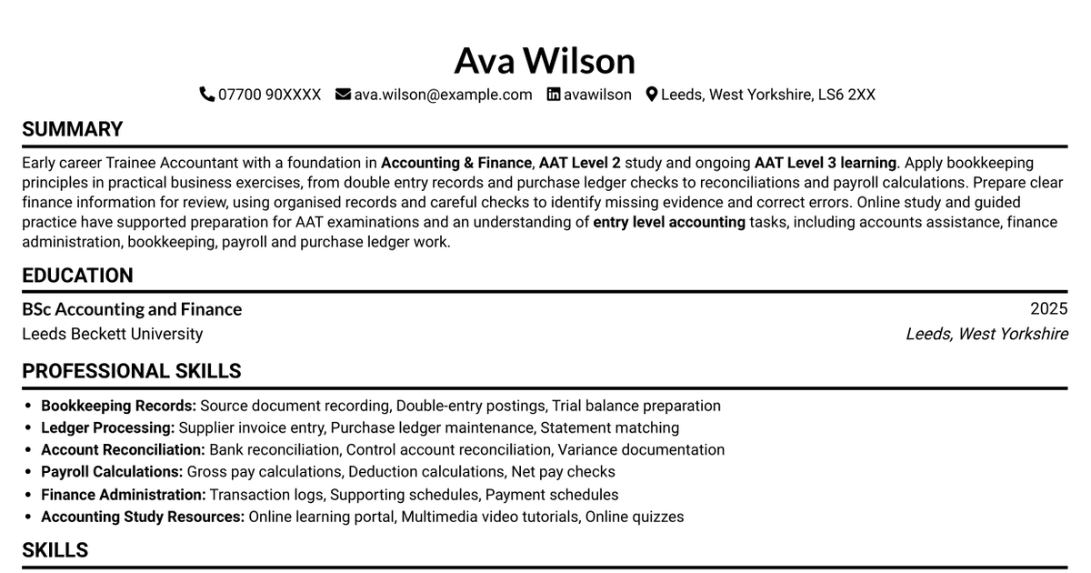 Trainee Accountant - Bookkeeping and Accounting CV