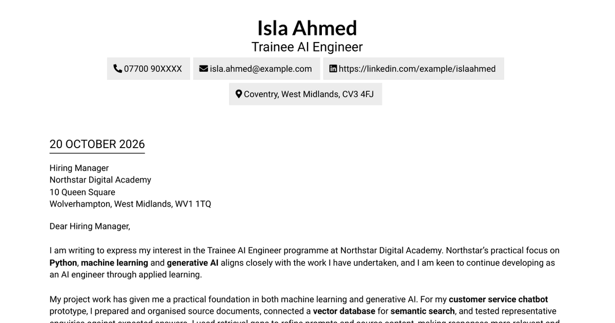 7 Trainee AI Engineer - Generative AI and Machine Learning Cover Letter Templates with Example