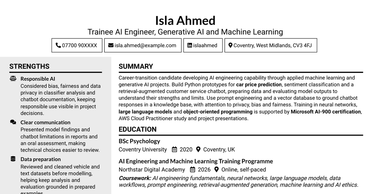 7 Trainee AI Engineer - Generative AI and Machine Learning CV Templates with Example